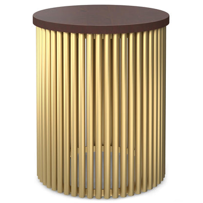 21" Dark Brown and Gold Solid Wood and Iron Round Frame End Table