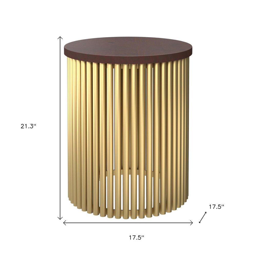21" Dark Brown and Gold Solid Wood and Iron Round Frame End Table