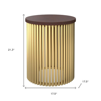 21" Dark Brown and Gold Solid Wood and Iron Round Frame End Table