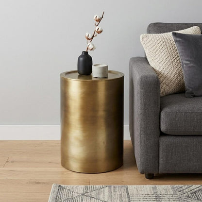 21" Antiqued Gold Iron Round Drum End Table