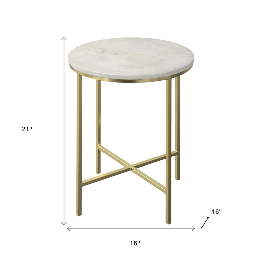 21" White and Gold Marble and Iron Round End Table