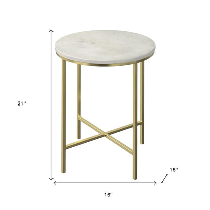 21" White and Gold Marble and Iron Round End Table