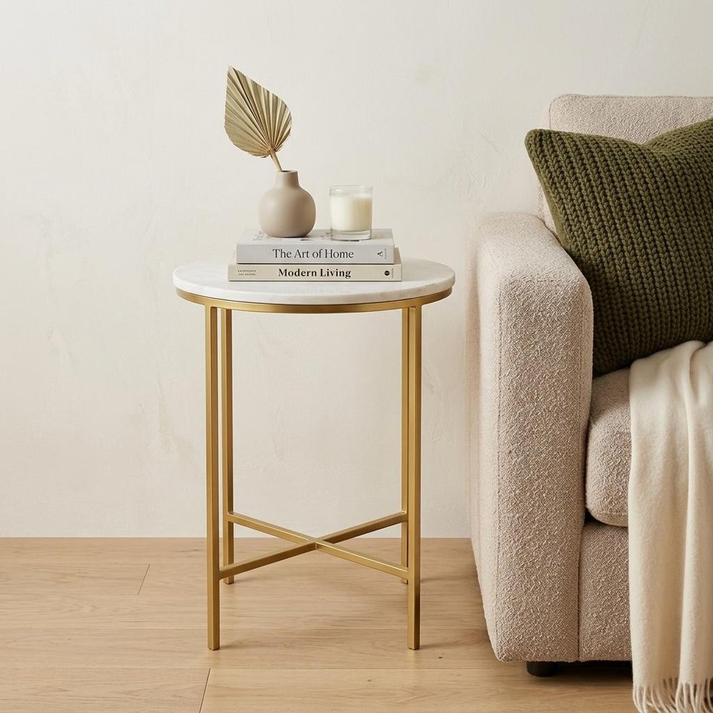 21" White and Gold Marble and Iron Round End Table
