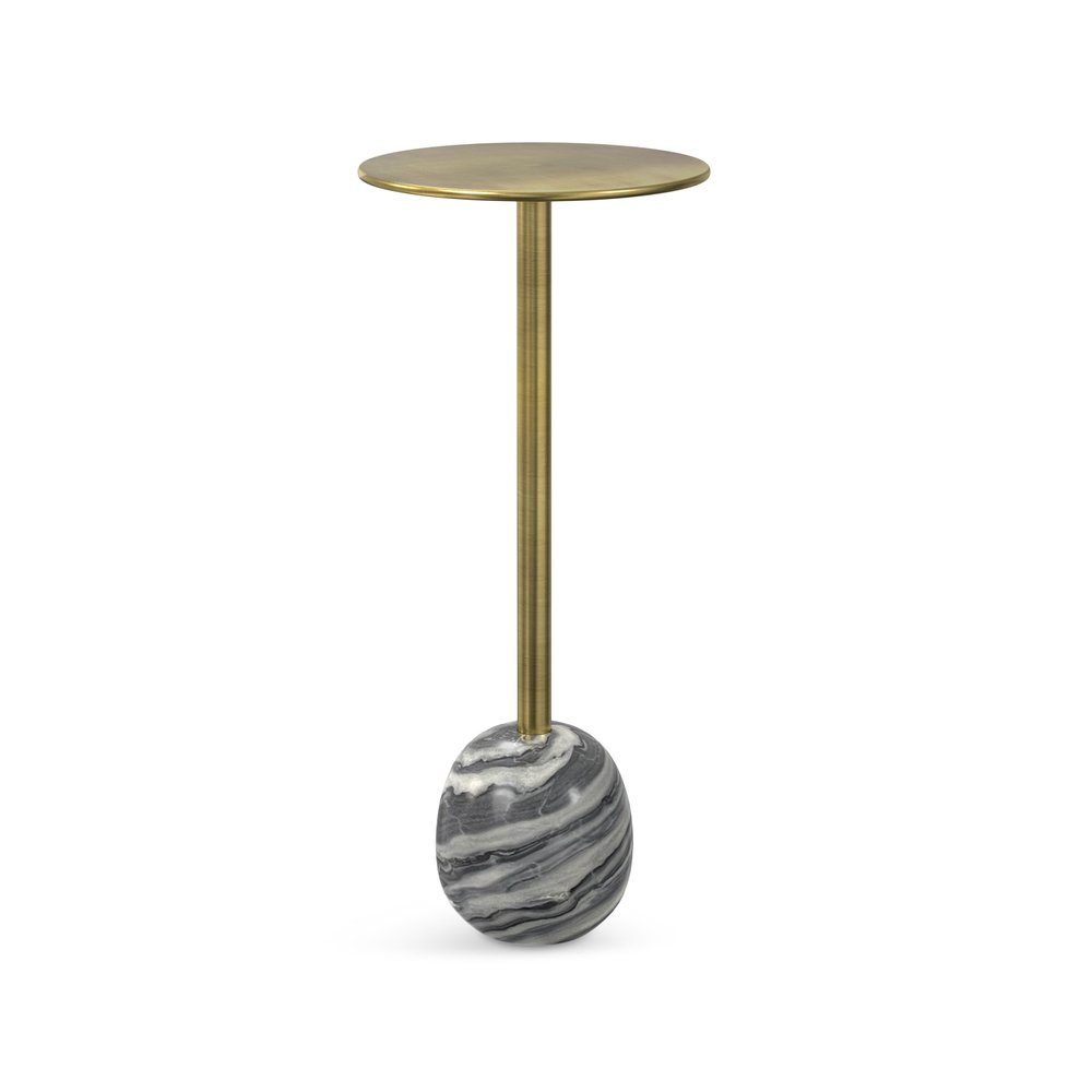 23" Gold Gray and White Iron and Marble Round Pedestal End Table