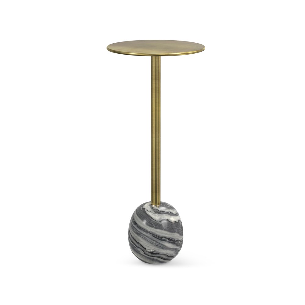 23" Gold Gray and White Iron and Marble Round Pedestal End Table