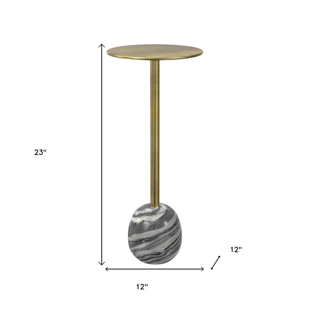 23" Gold Gray and White Iron and Marble Round Pedestal End Table