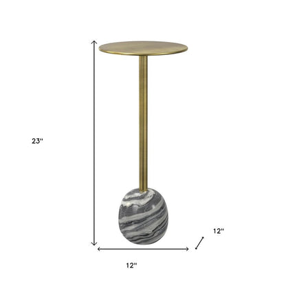 23" Gold Gray and White Iron and Marble Round Pedestal End Table