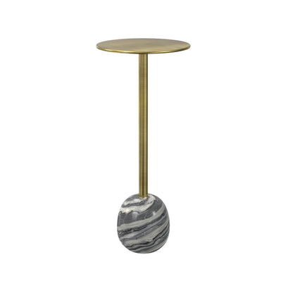23" Gold Gray and White Iron and Marble Round Pedestal End Table