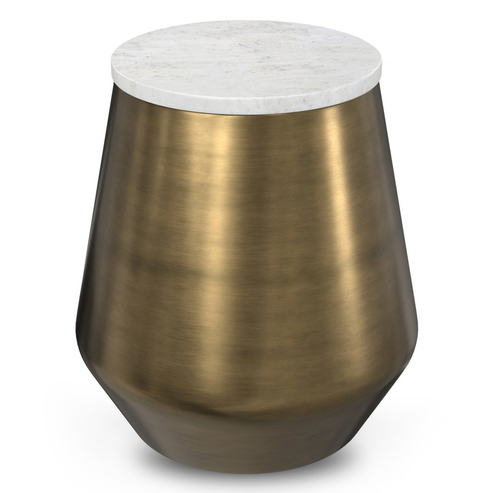 18" White and Antiqued Brass Marble and Iron Round Drum End Table