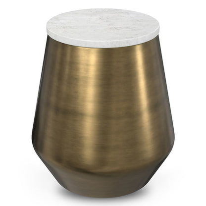 18" White and Antiqued Brass Marble and Iron Round Drum End Table