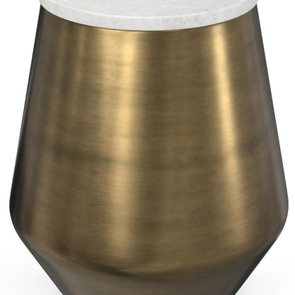 18" White and Antiqued Brass Marble and Iron Round Drum End Table