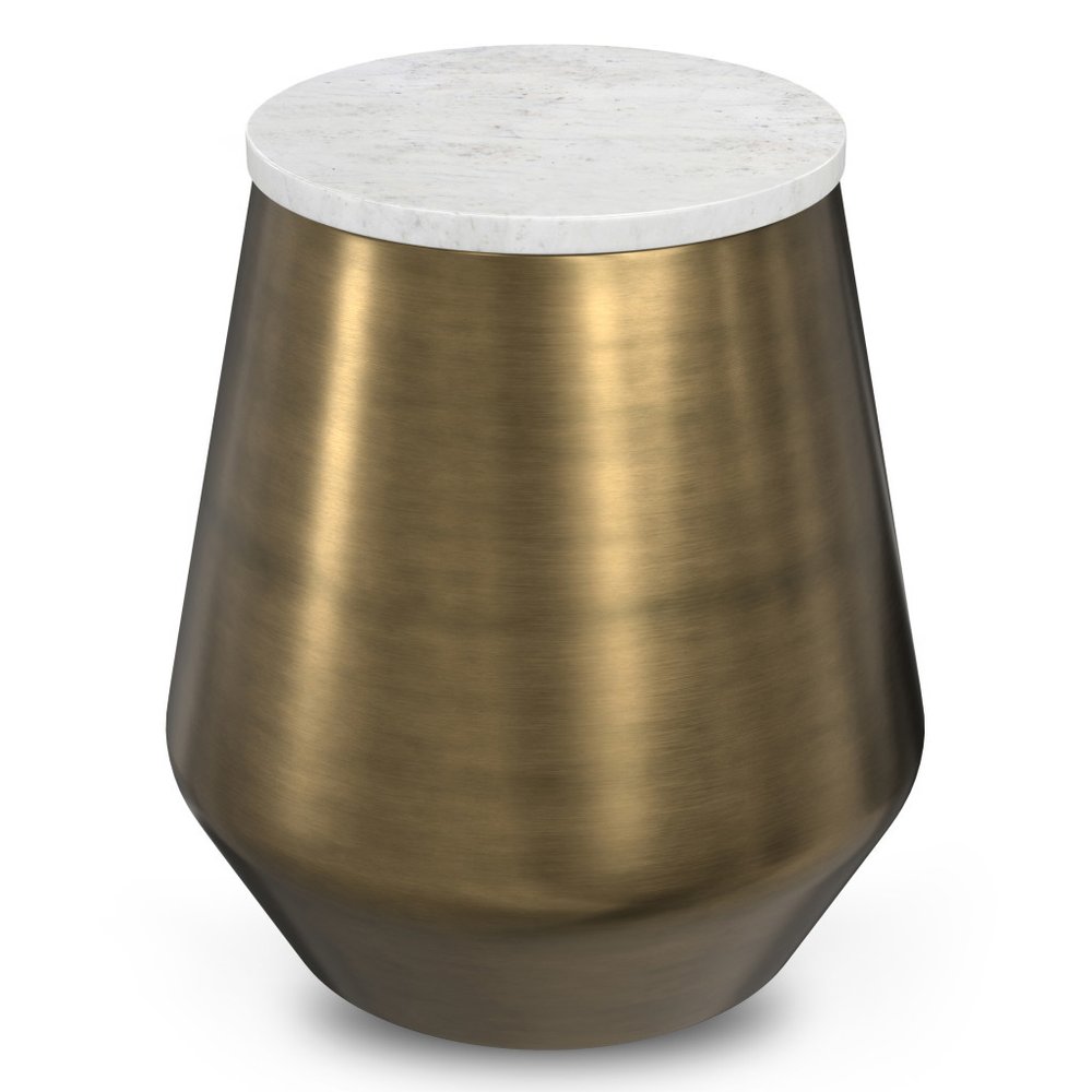 18" White and Antiqued Brass Marble and Iron Round Drum End Table