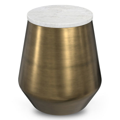 18" White and Antiqued Brass Marble and Iron Round Drum End Table
