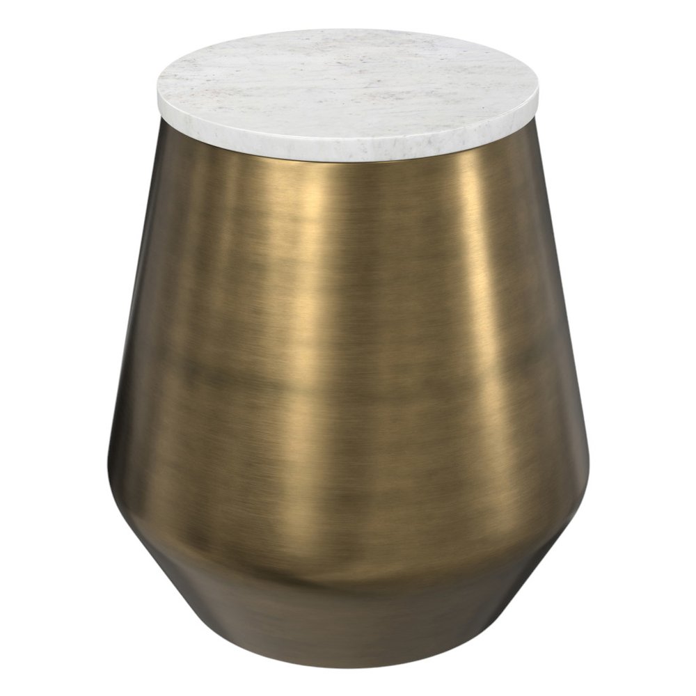 18" White and Antiqued Brass Marble and Iron Round Drum End Table