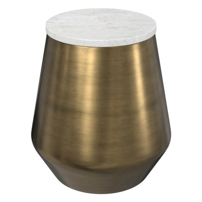 18" White and Antiqued Brass Marble and Iron Round Drum End Table