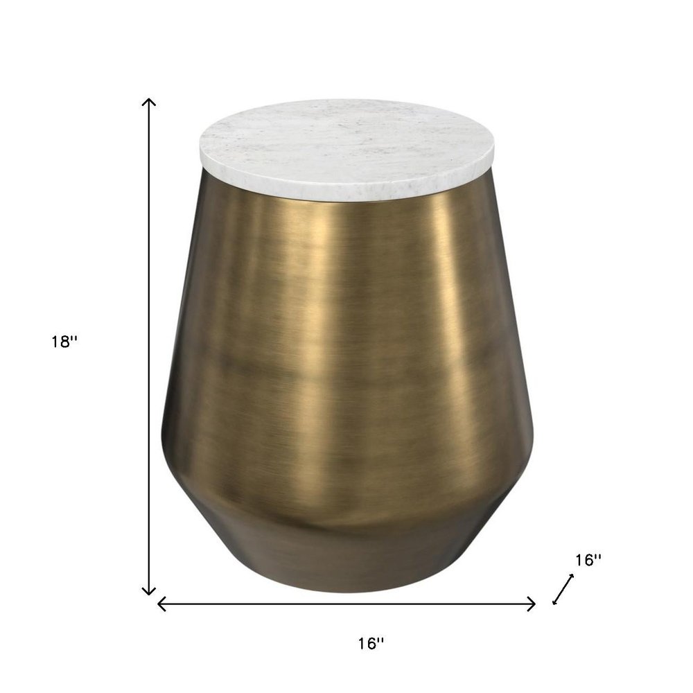 18" White and Antiqued Brass Marble and Iron Round Drum End Table