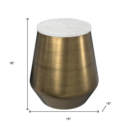 18" White and Antiqued Brass Marble and Iron Round Drum End Table