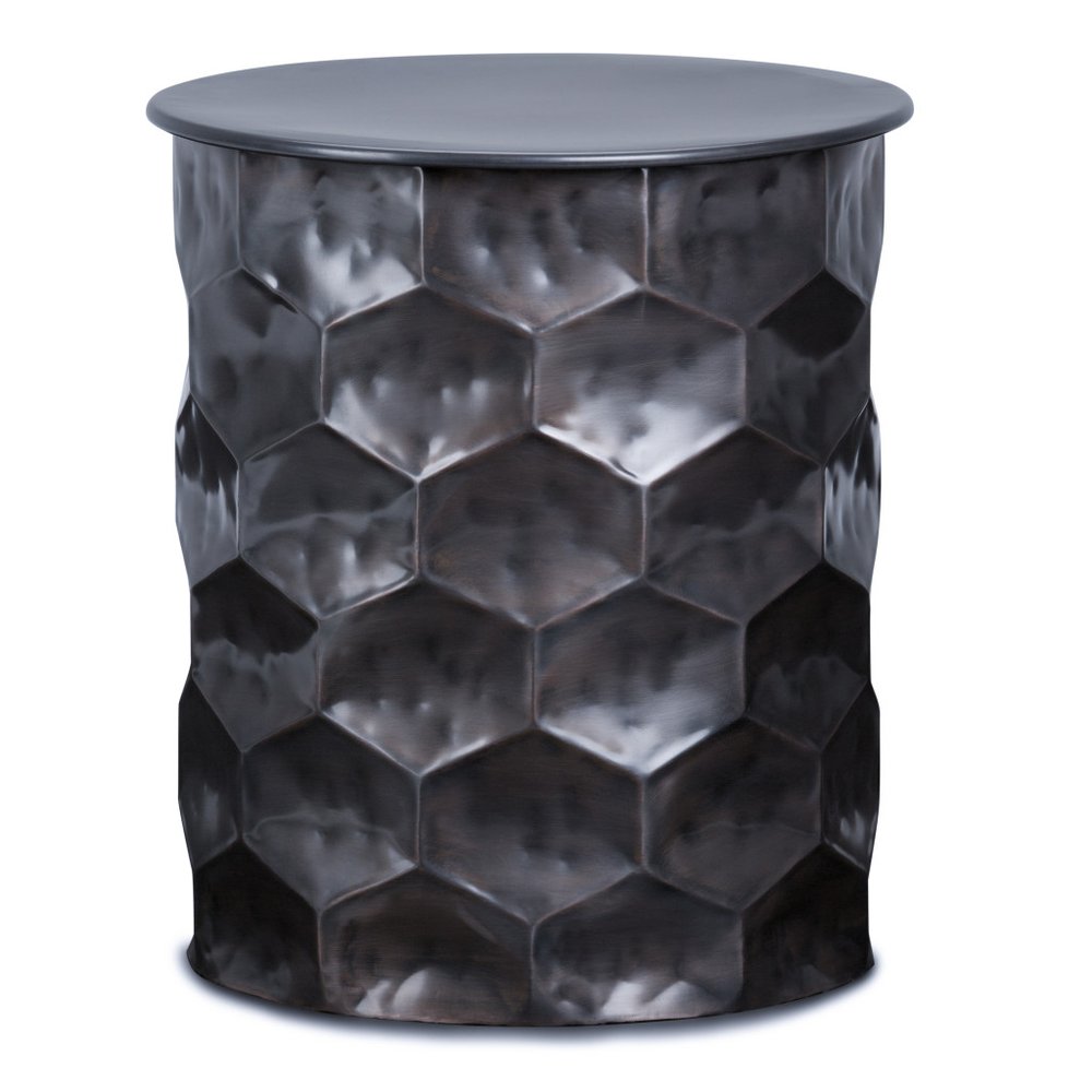 20" Antiqued Bronze Distressed Iron Round Drum End Table