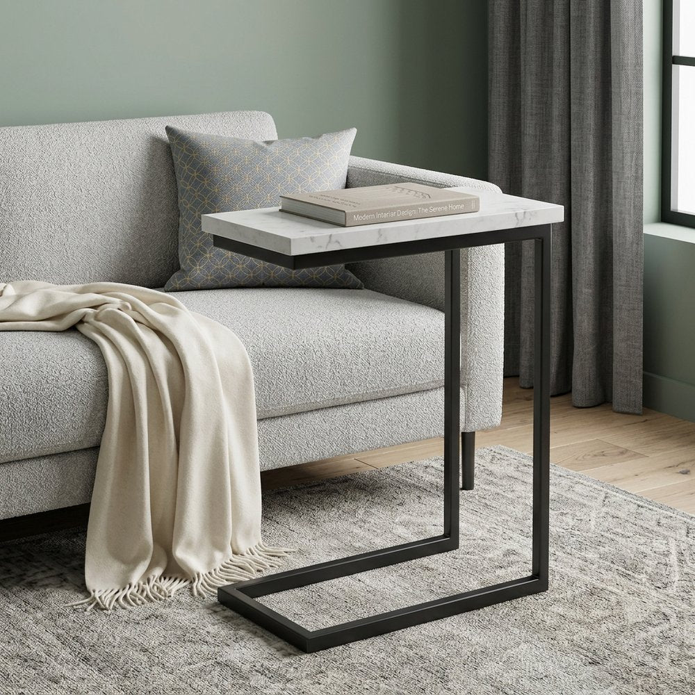 24" White and Black Marble and Iron End Table