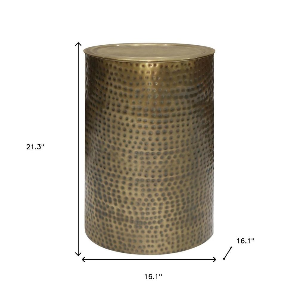 21" Antiqued Gold Distressed Iron Round Drum End Table
