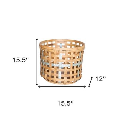 Set of Three Natural Wicker And Galvanized Metal Woven Baskets