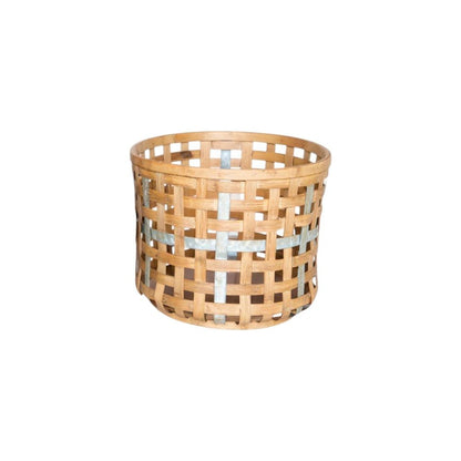 Set of Three Natural Wicker And Galvanized Metal Woven Baskets