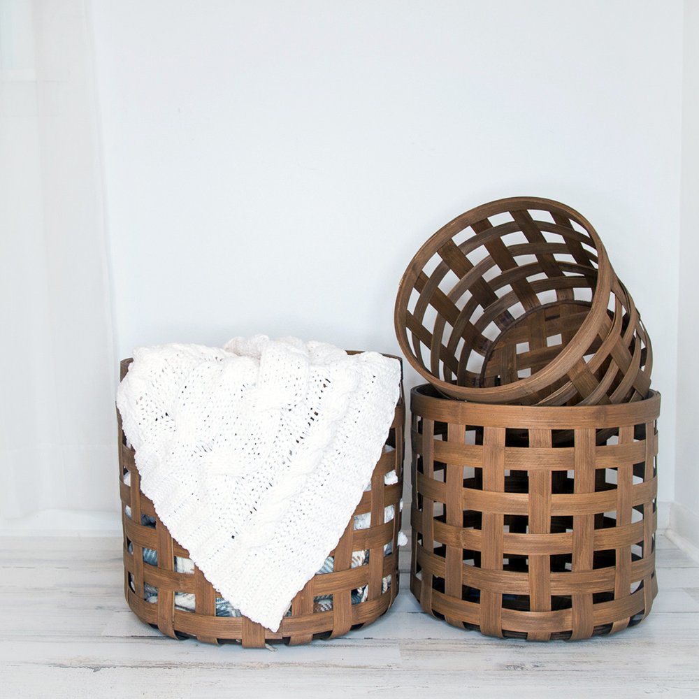 Set of Three Brown Solid Wood Basket