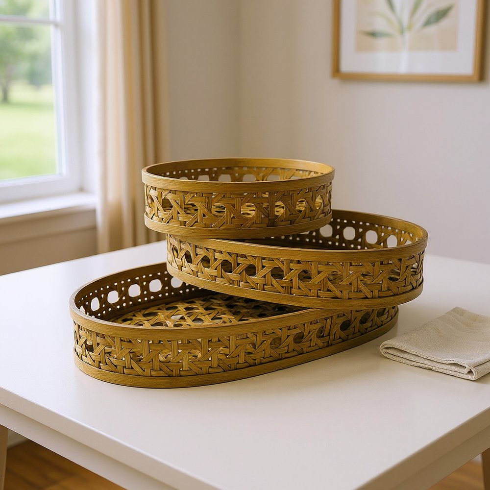 Set of Three Brown Solid Wood Basket