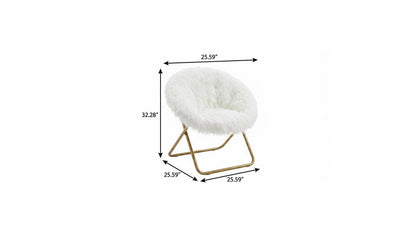 26" White and Bronze Tufted Faux Fur and Metal Lounge Chair