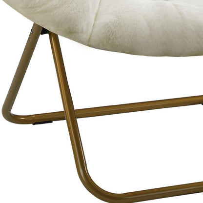 26" White and Bronze Tufted Faux Fur and Metal Lounge Chair