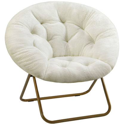 26" White and Bronze Tufted Faux Fur and Metal Lounge Chair