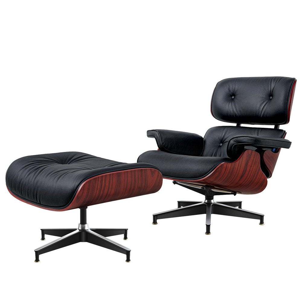 27" Black and Rosewood Tufted Genuine Leather Swivel Lounge Chair With Ottoman