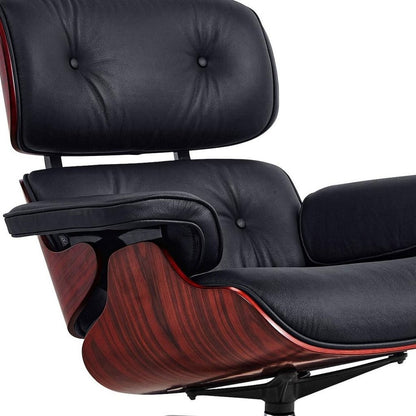 27" Black and Rosewood Tufted Genuine Leather Swivel Lounge Chair With Ottoman