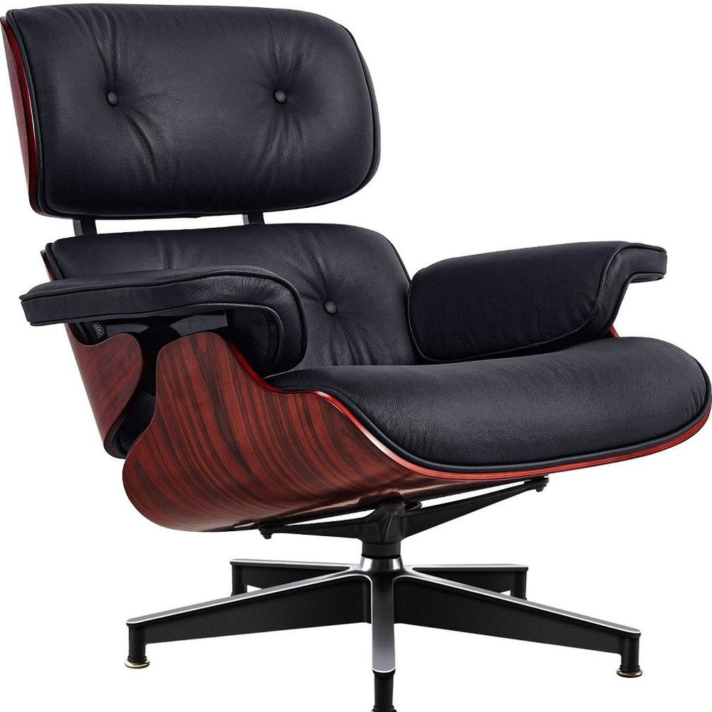 27" Black and Rosewood Tufted Genuine Leather Swivel Lounge Chair With Ottoman
