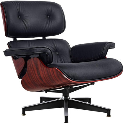 27" Black and Rosewood Tufted Genuine Leather Swivel Lounge Chair With Ottoman