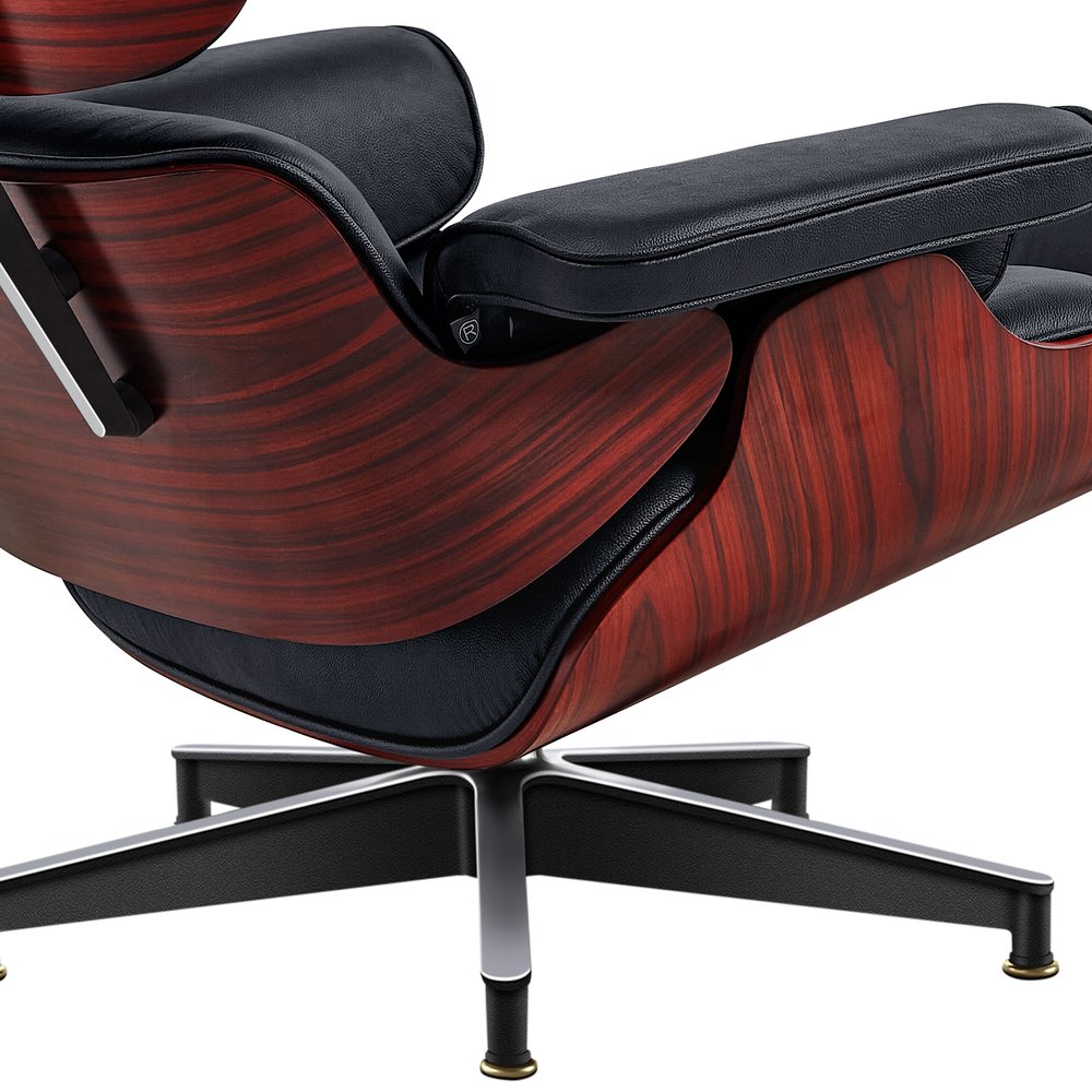 27" Black and Rosewood Tufted Genuine Leather Swivel Lounge Chair With Ottoman