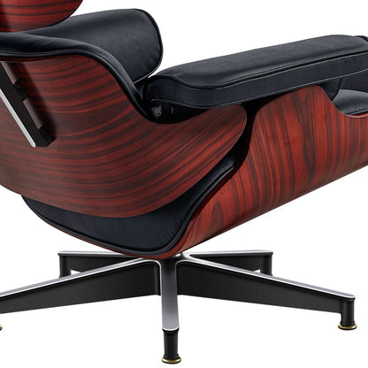 27" Black and Rosewood Tufted Genuine Leather Swivel Lounge Chair With Ottoman