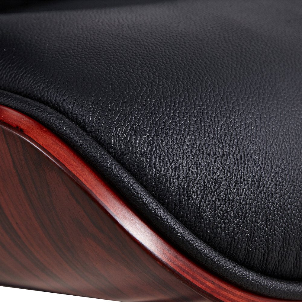 27" Black and Rosewood Tufted Genuine Leather Swivel Lounge Chair With Ottoman