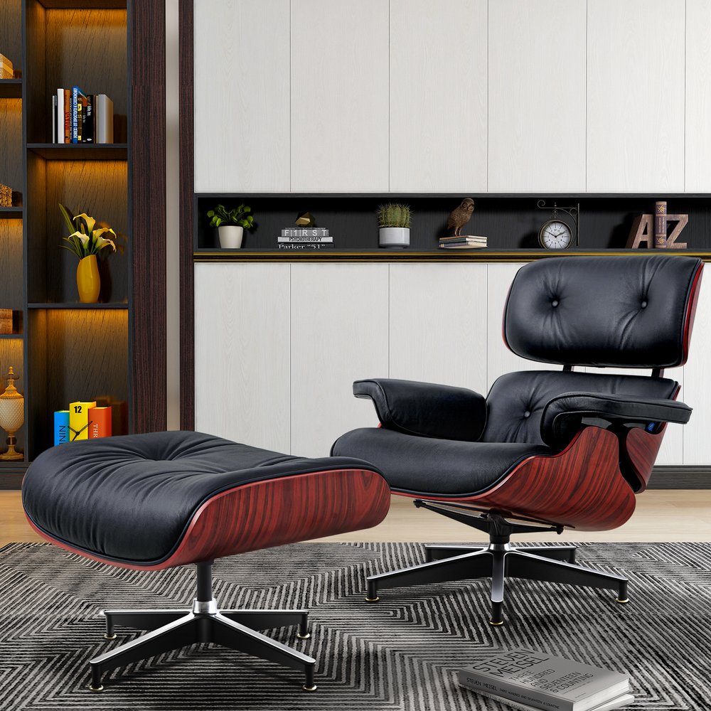 27" Black and Rosewood Tufted Genuine Leather Swivel Lounge Chair With Ottoman