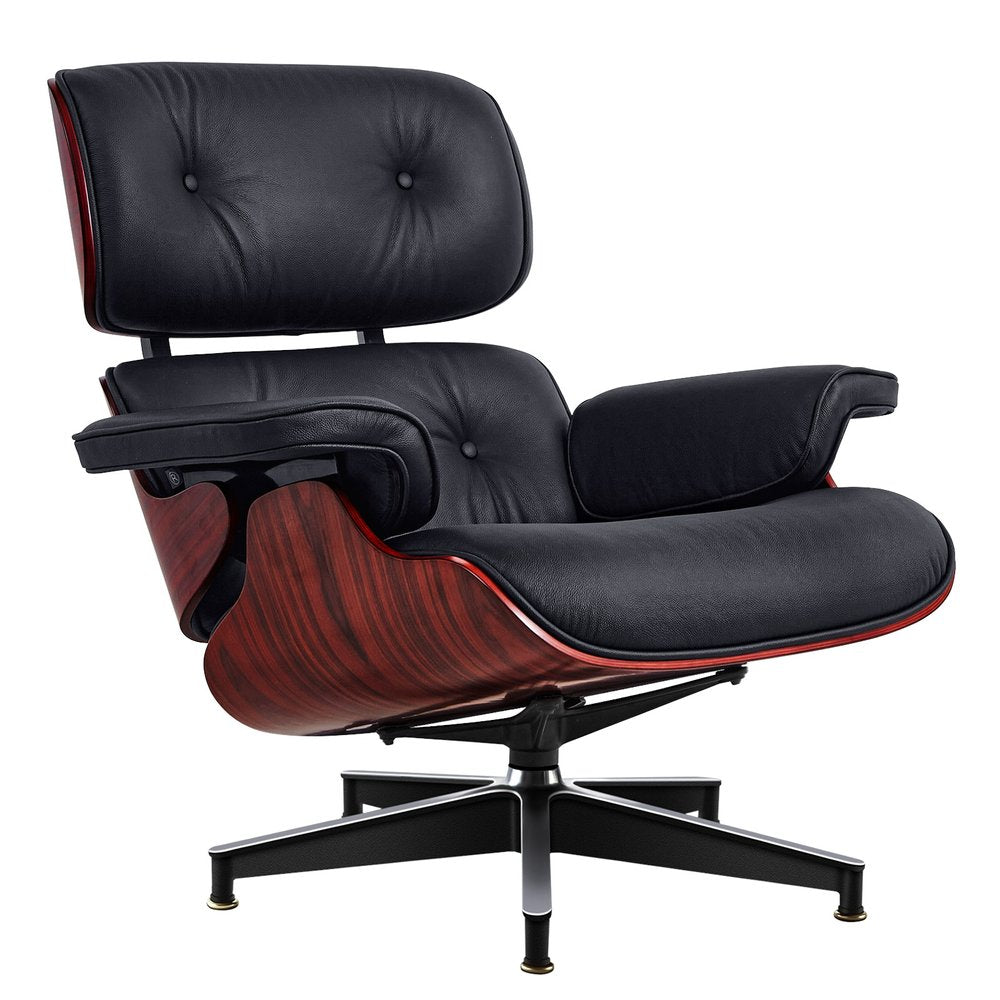 27" Black and Rosewood Tufted Genuine Leather Swivel Lounge Chair With Ottoman