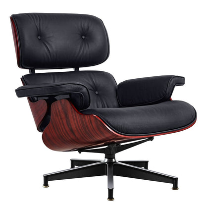 27" Black and Rosewood Tufted Genuine Leather Swivel Lounge Chair With Ottoman
