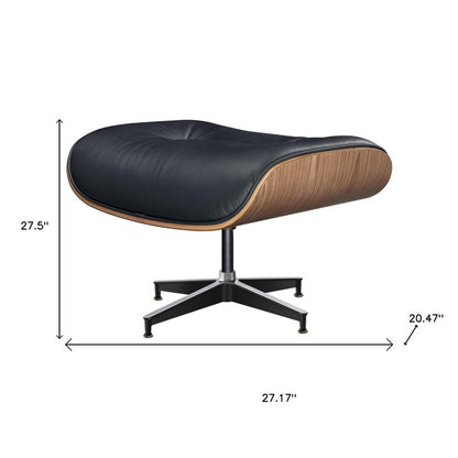 27" Black and Light Brown Tufted Genuine Leather Swivel Lounge Chair With Ottoman