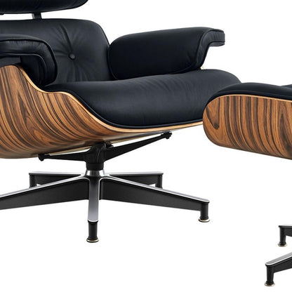 27" Black and Brown Tufted Genuine Cowhide Swivel Lounge Chair With Ottoman