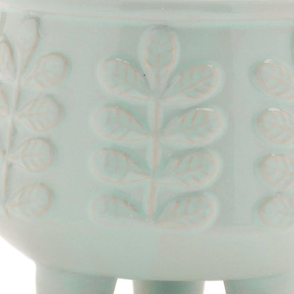 Set of Four Teal Blue Ceramic 1 Ounce Leaf Round Pot Planters