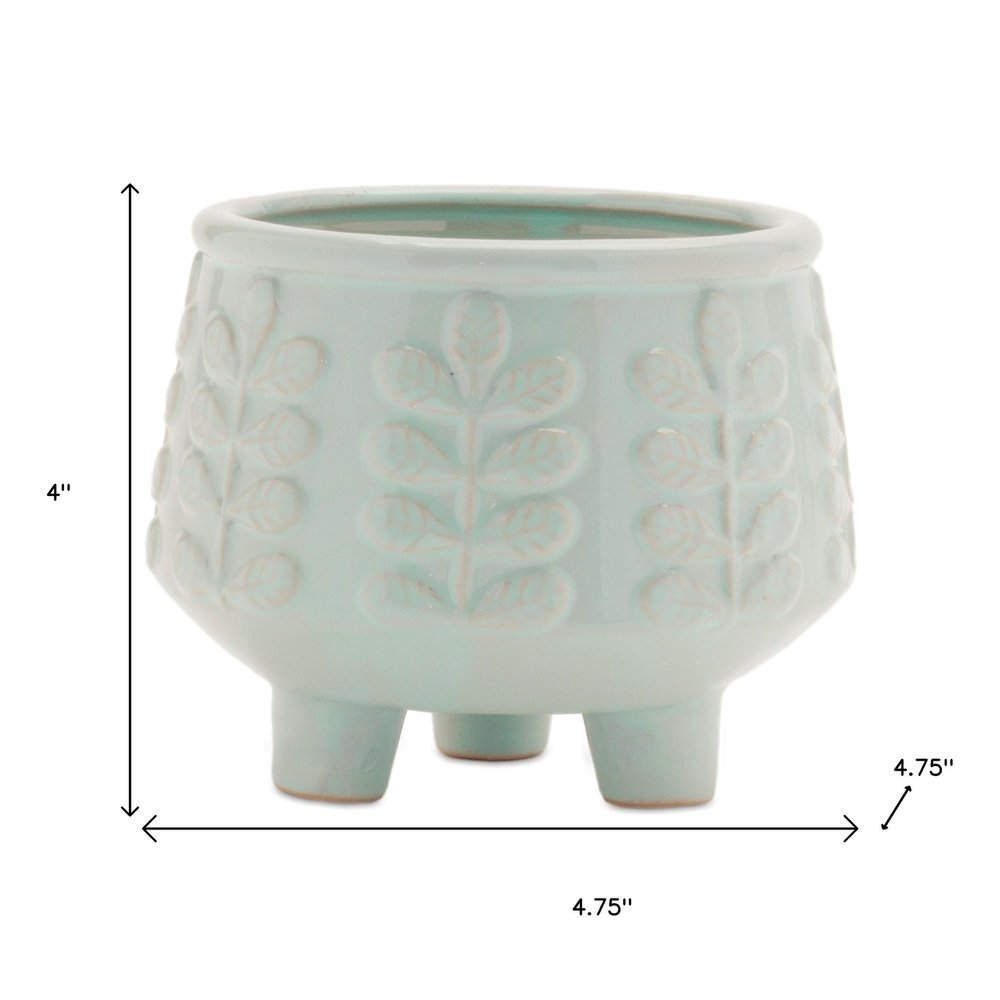 Set of Four Teal Blue Ceramic 1 Ounce Leaf Round Pot Planters