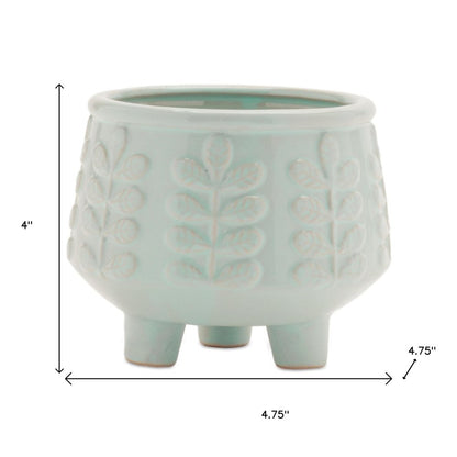 Set of Four Teal Blue Ceramic 1 Ounce Leaf Round Pot Planters