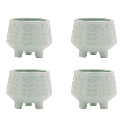 Set of Four Teal Blue Ceramic 1 Ounce Leaf Round Pot Planters