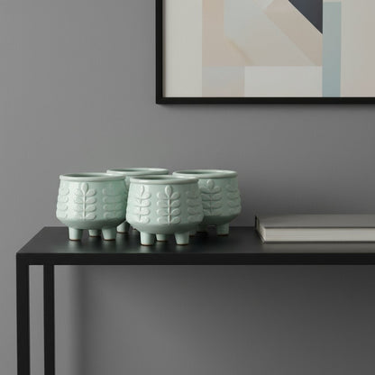 Set of Four Teal Blue Ceramic 1 Ounce Leaf Round Pot Planters