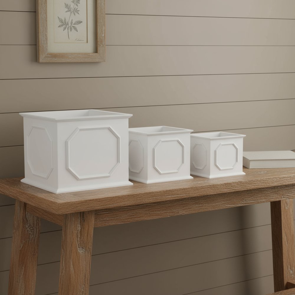Set of Three White Wood Geometric Rectangular Planter Boxes