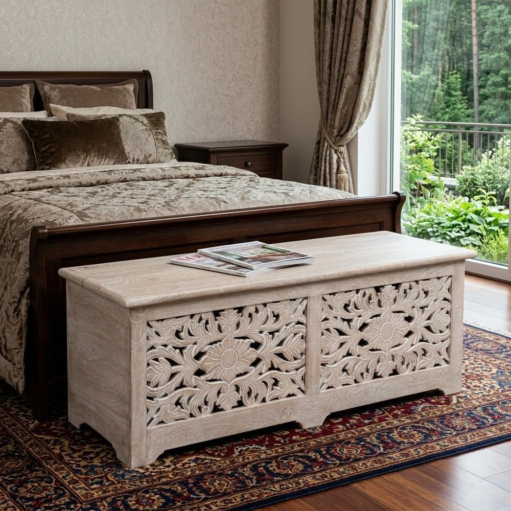 52" White Distressed Solid Wood Carved Floral Storage Ottoman